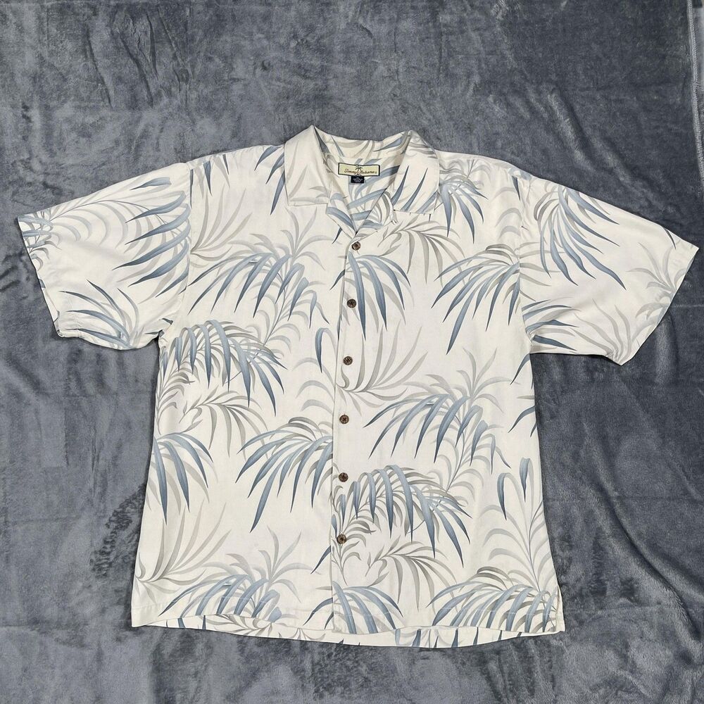 Tommy Bahama Silk Hawaiian Shirt Mens XL White Palm Leaf Tropical Short Sleeve
